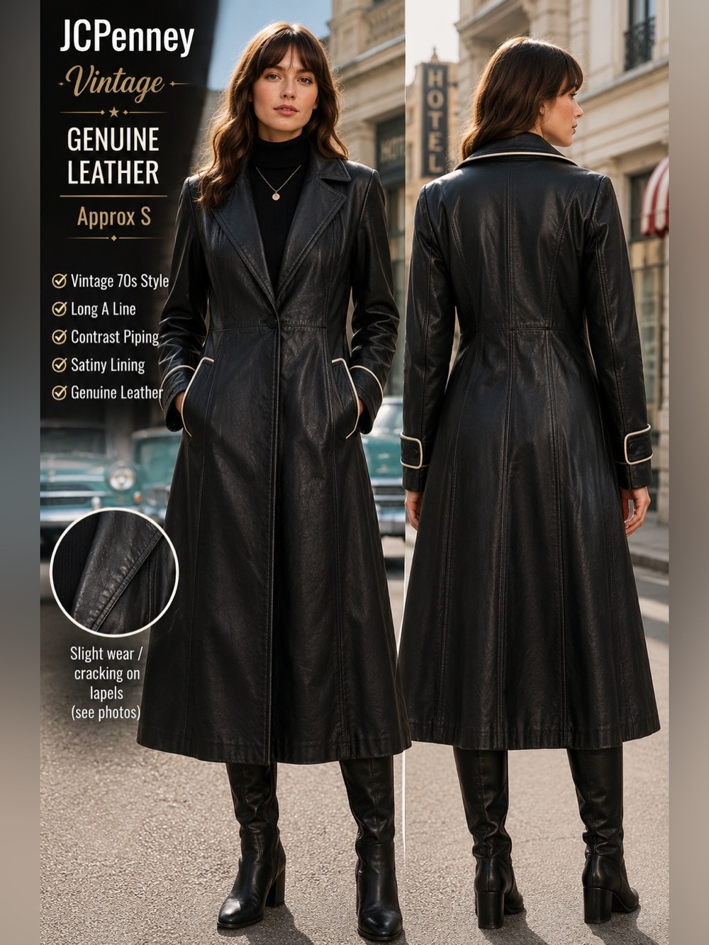 JC Penney Vintage Midi LeatherJacket womans small black grunge trench whimsigoth